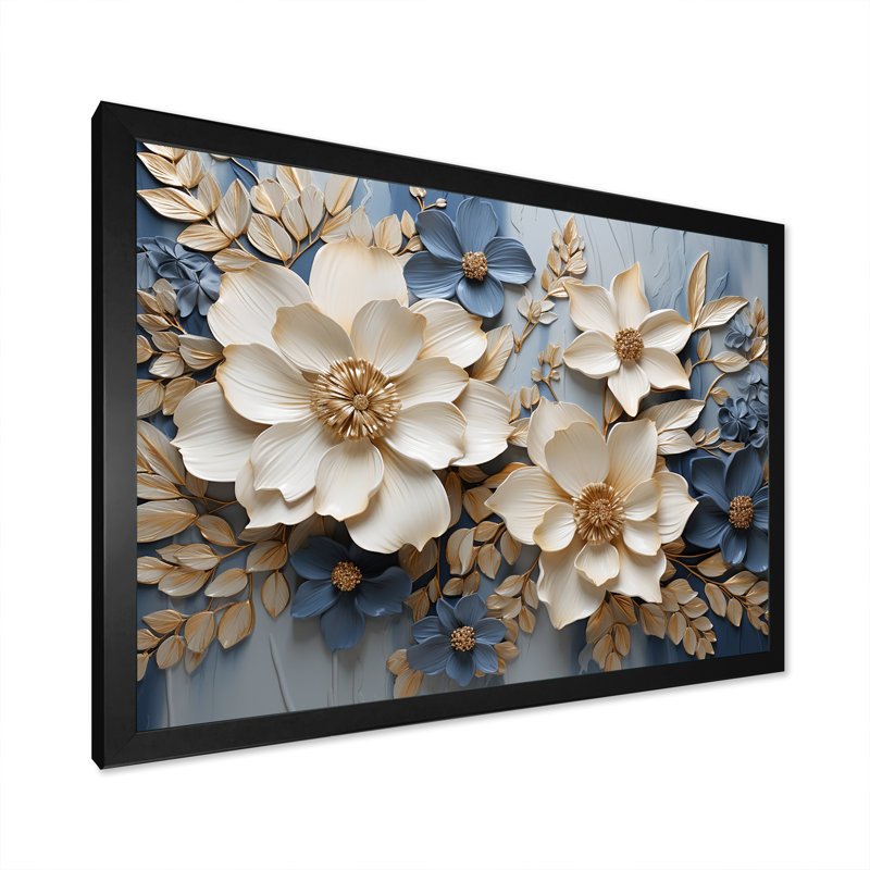 Composition de fleurs saisonnières beige et bleu - Fleurs saisonnières, H 30 po x l 40 po x P 1,5 po, Cadre simple noir