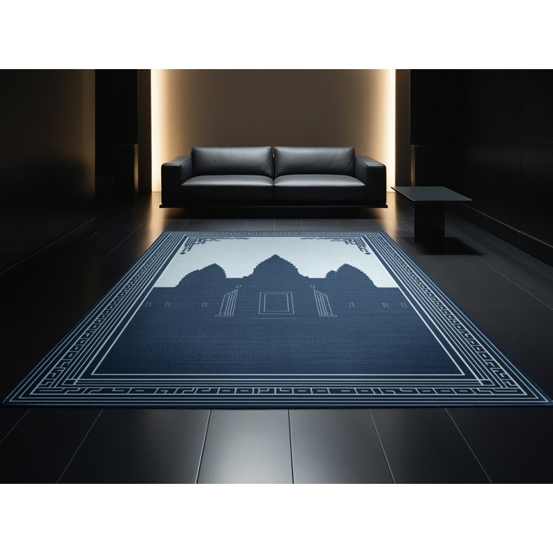 Machine Washable Parez Angkor Wat Cambodia Global Inspired Block Print Rug in Gray – Navy Binding, 3x5