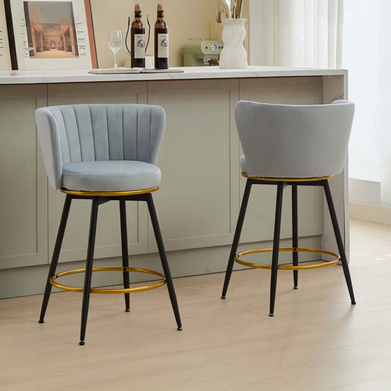 Set of 2 Counter Stools, 360° Swivel Upholstered Bar Stools with Metal Legs, Blue