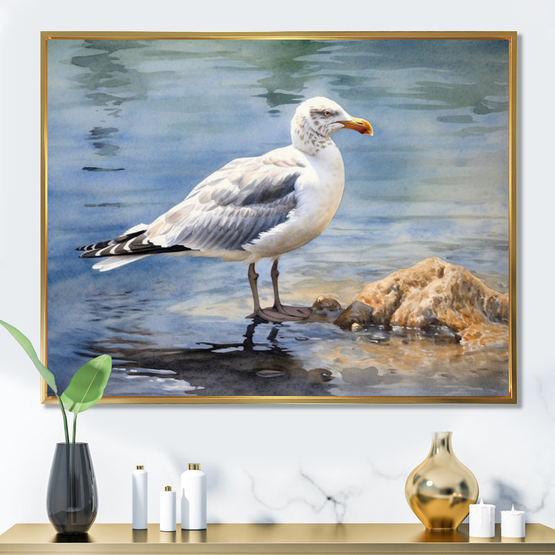 Veille de mouette III sur toile, Cadre flottant doré, H 24 po x l 32 po x P 1 po