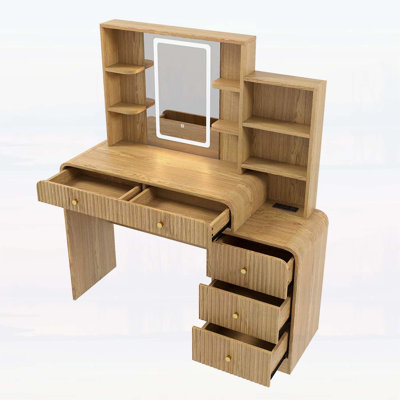 47.4'' Large Makeup Vanity Desk with Mirror, Lights, 5 Drawers, Open Shelves, and Charging Station, Natural Finish