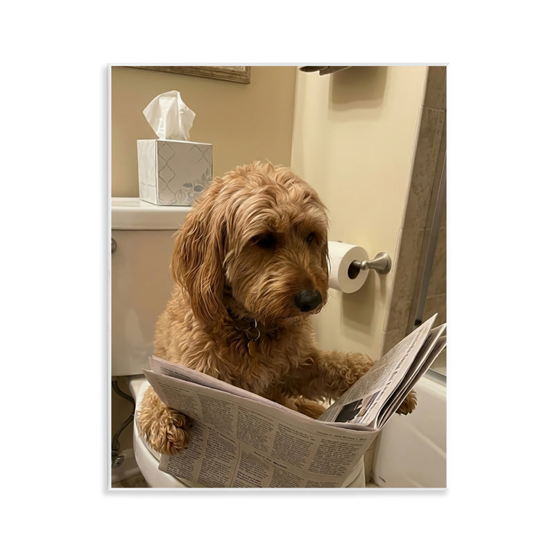 Chien et papier sur une plaque murale de toilette, design par Abigail Walker