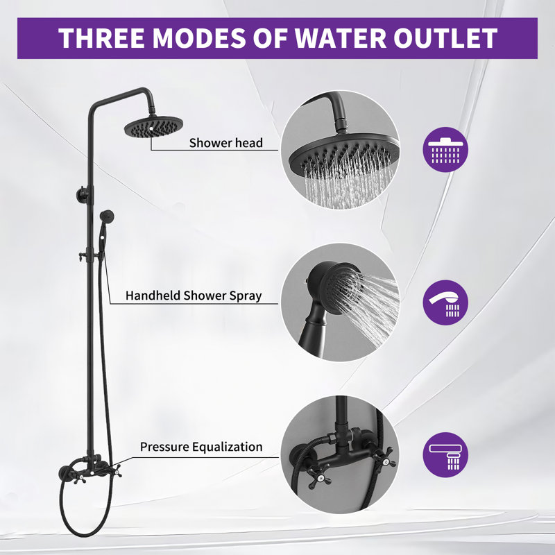 VIBRANTBATH Système de barre de robinet de douche à double tête à cascade double 8 po avec inverseur bidirectionnel Terra Flow noir mat (valve à disque en céramique incluse)