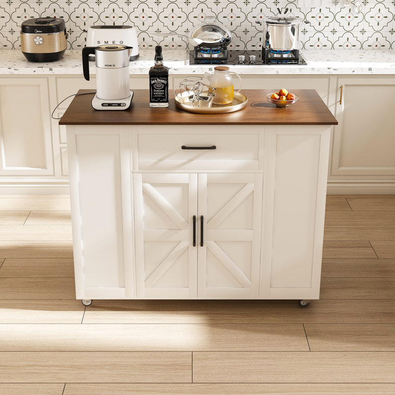 Îlot de cuisine sur roulettes de 46 pouces avec rangement, prise de courant, table de bar rustique, tablette réglable et tiroir pour la salle à manger, blanc | Idée de cadeau