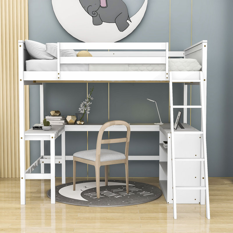 Wood Loft Bed With Desk And Shelves, Twin, White