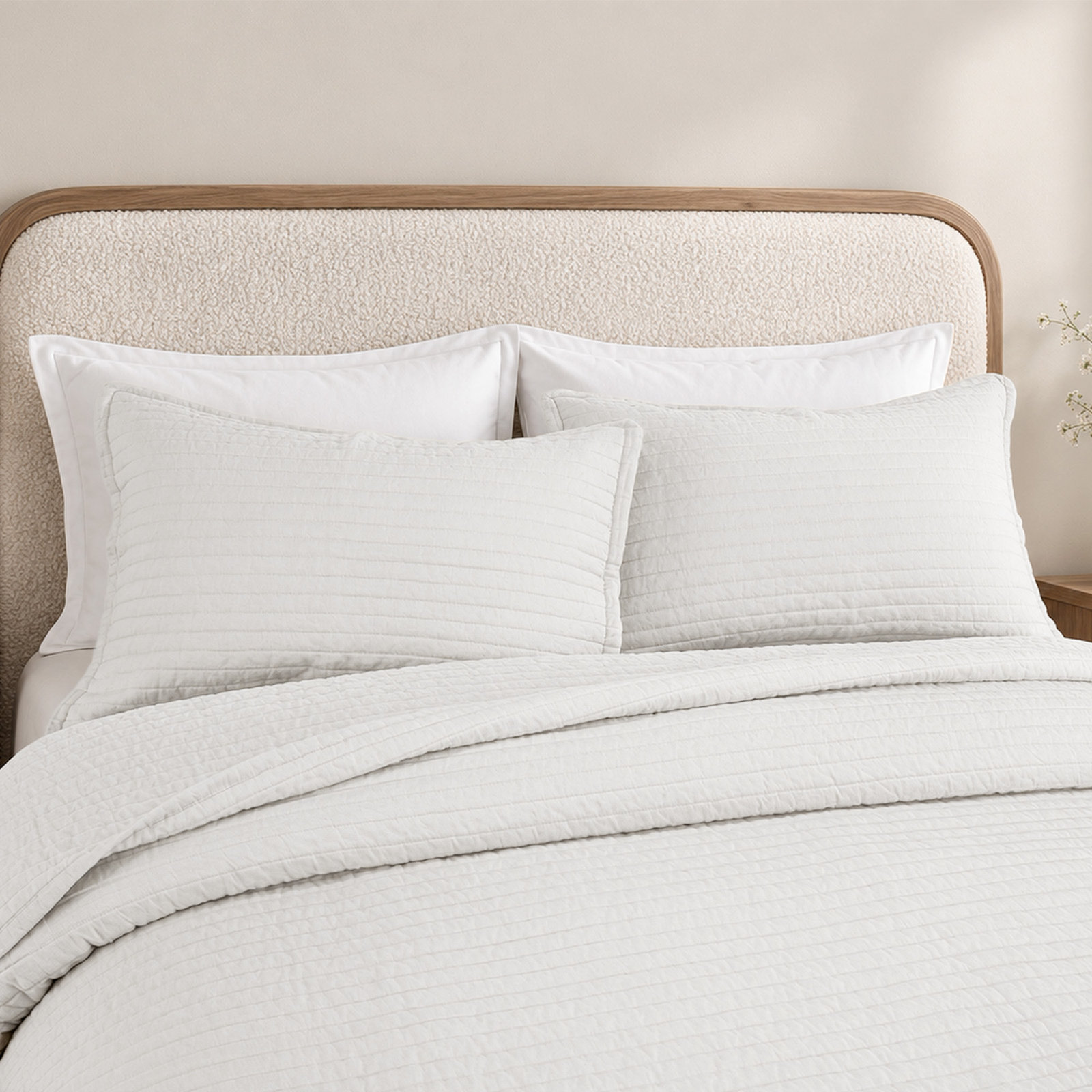 Clara 100% French Linen Channel Quilt Set with Shams, King Quilt + 2 King Shams, White
