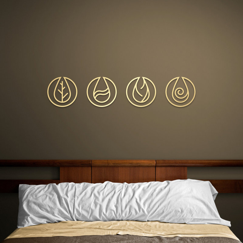 Fire Water Earth Air 4 Elements Metal Wall Art Décor Drop Design Set Best Gift For Nature Lovers, Shiny Silver
