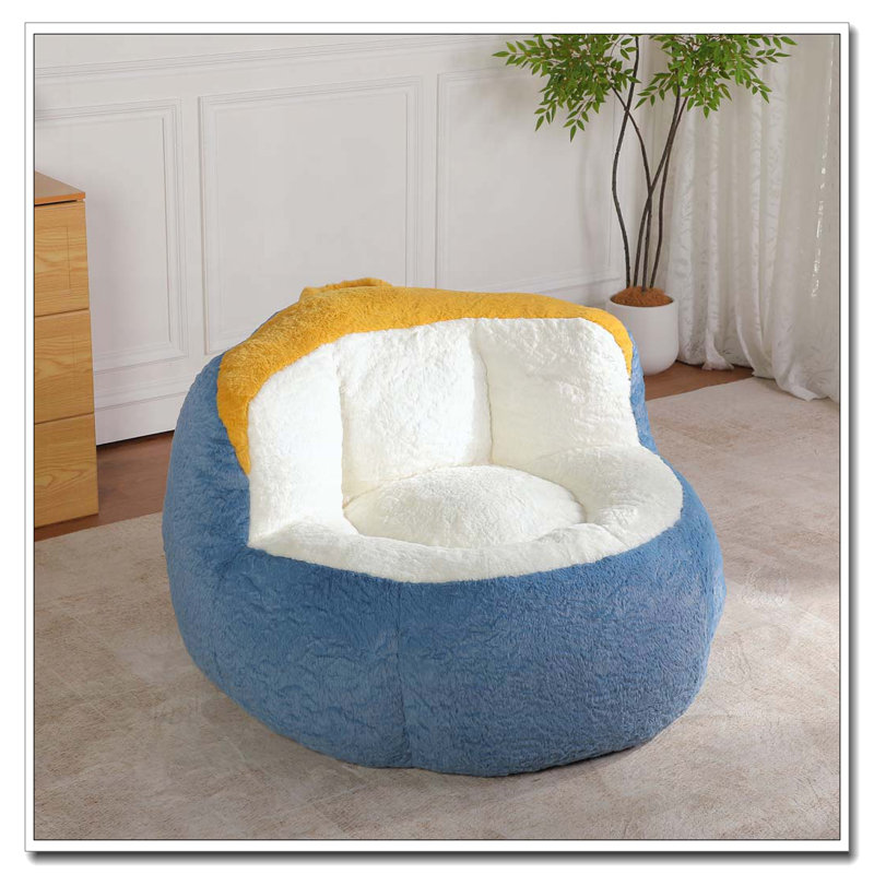 Fauteuil à billes en fausse fourrure, aucun assemblage requis, Tissu bleu / blanc / jaune