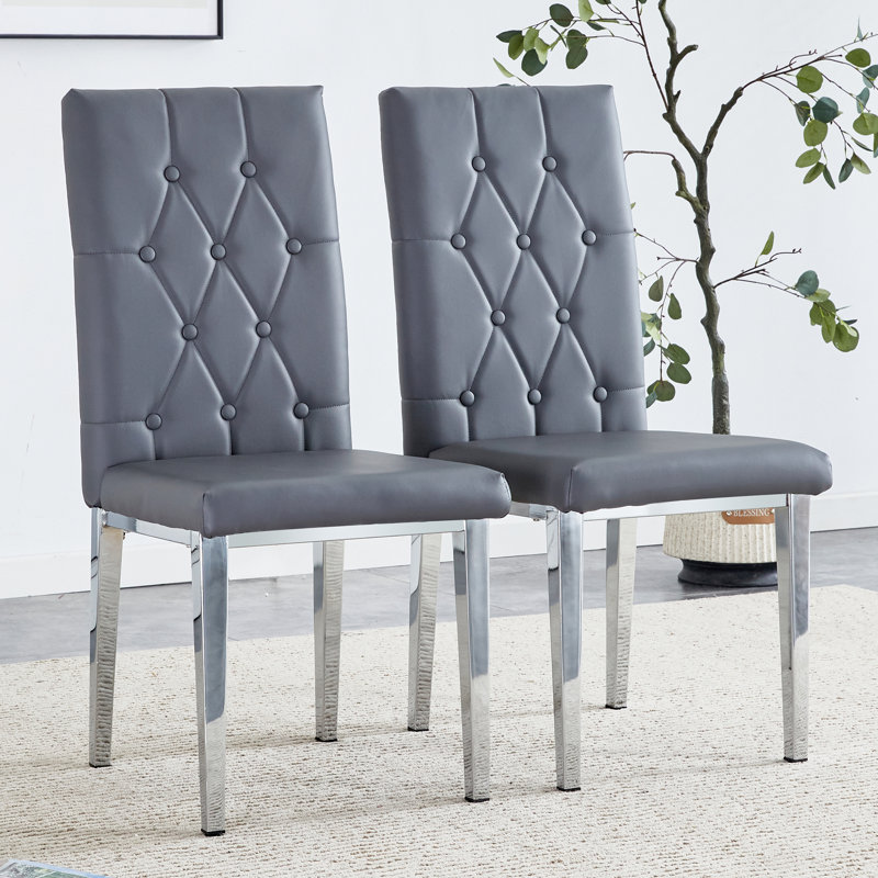 Set of 2 Gray Upholstered High Back Dining Chairs with Metal Legs
