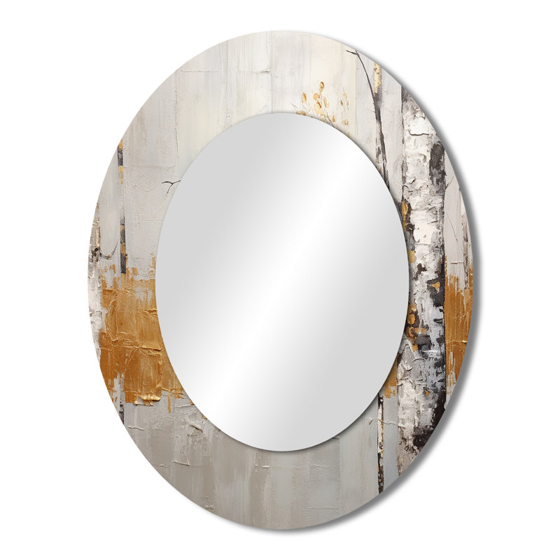 Tree Monochrome Whispers Of Gray III - Gold Oval Wall Mirror Decor, 43" x 33"