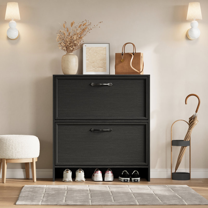 Shoe Cabinet with 2 Flip Drawers, Narrow Shoe Storage Cabinet with Adjustable Shelf, Hidden Shoes Rack with Anti-Tipping Kit, Freestanding Shoes Rack for Entryway Hallway,Black