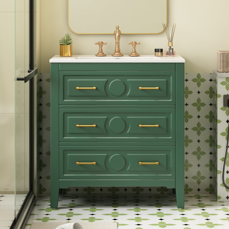 30'' Bathroom Vanity With Ceramic Sink Combo, Free Standing Single Vanity Set With 3 Drawers, Solid Wood Frame Bathroom Storage Cabinet, Green