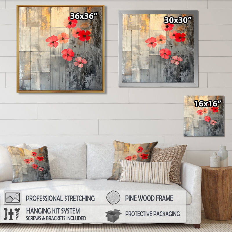 Fleurs de géraniums sur pierres - géraniums, art mural pour le salon, H 16 po x l 16 po, Impression encadrée flottante
