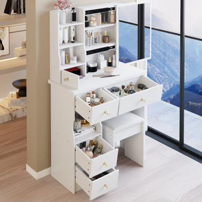 Coiffeuse de style américain de 29,2 po avec tiroir gauche, miroir coulissant droit, rangement grande capacité et tabouret rembourré, idéale pour les petits espaces de meuble-lavabo blancs très grands