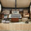 Hydraulic Lift-Up Storage Bed with Curved Corrugated Wood Panels-115169305