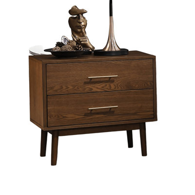Walnut 1Pc Nightstand Solid Wood Bedside Table Nickle Bar Pulls 2-Drawers Round Tapered Legs Bedroom Modern Style