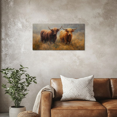  Large Highland Cow Canvas Wall Art Rustic Animal Painting, Earth Tones Farmhouse Cattle Pictures Wall Decor, Ambiance Highland Cow Picture Artwork for Living Room Bedroom 20x40"