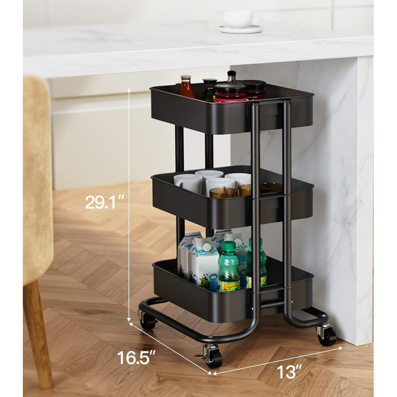 Black 3-Tier Metal Rolling Utility Cart with Casters