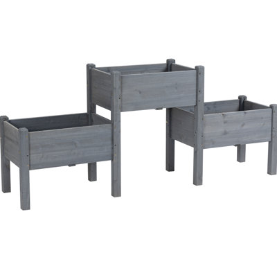 Lit de jardin gris avec 3 compartiments de jardinière - Support en bois pour la culture d'herbes et de légumes