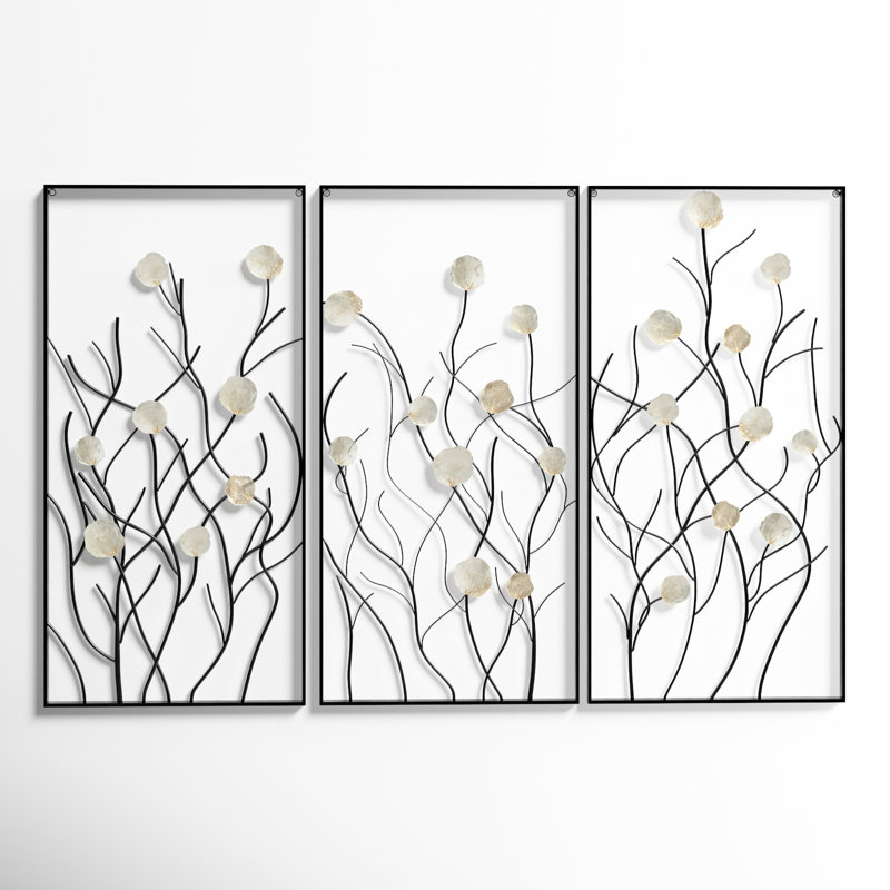 Ensemble de 3 décorations murales florales et botaniques en métal naturel