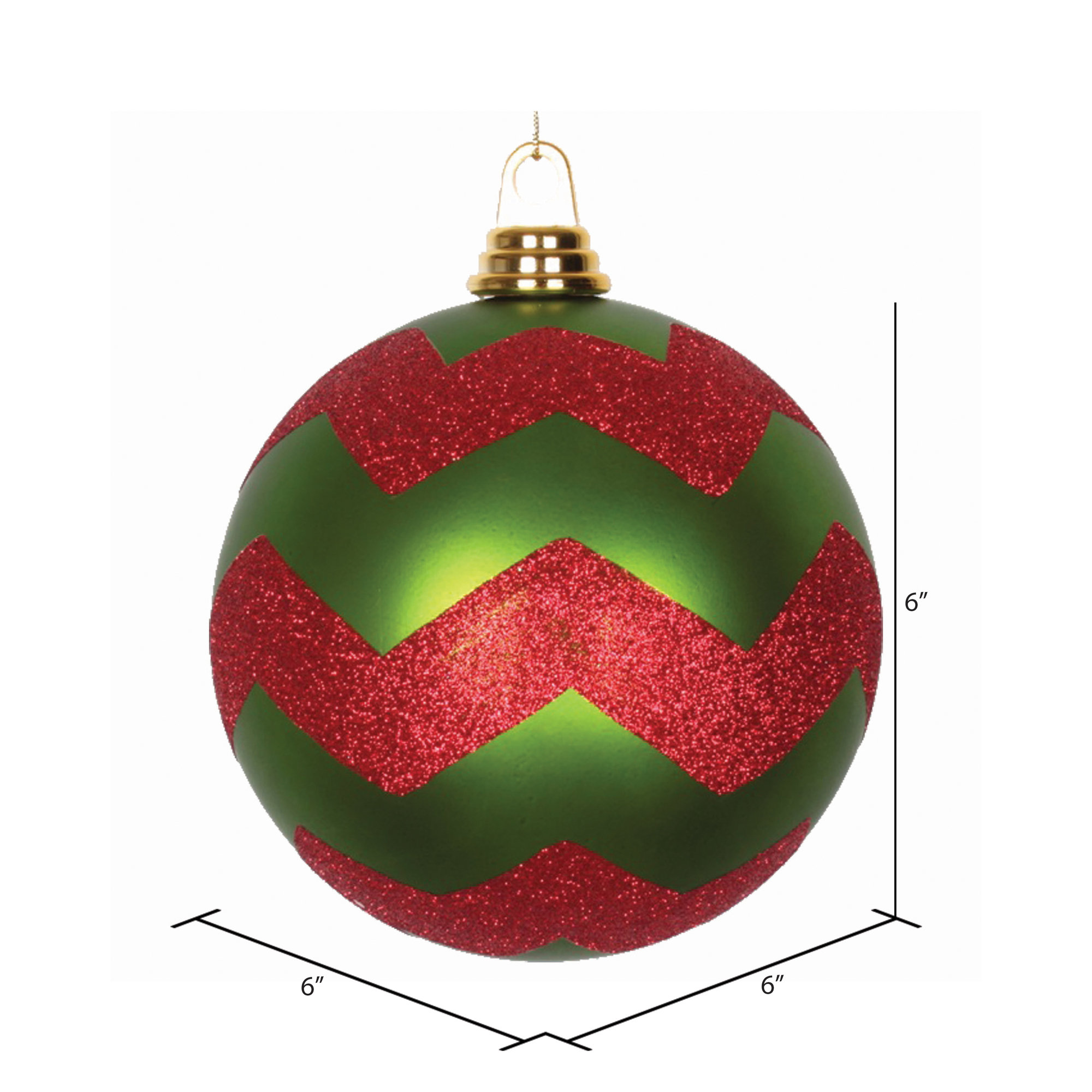 Chevron Shatterproof Christmas Ball Ornament, 6" H x 6" W x 6" D, Lime Green Matte/Red