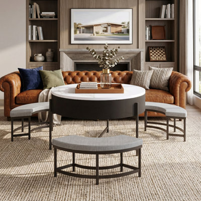 Table basse moderne à plateau relevable avec rangement caché, 3 repose-pieds inclus