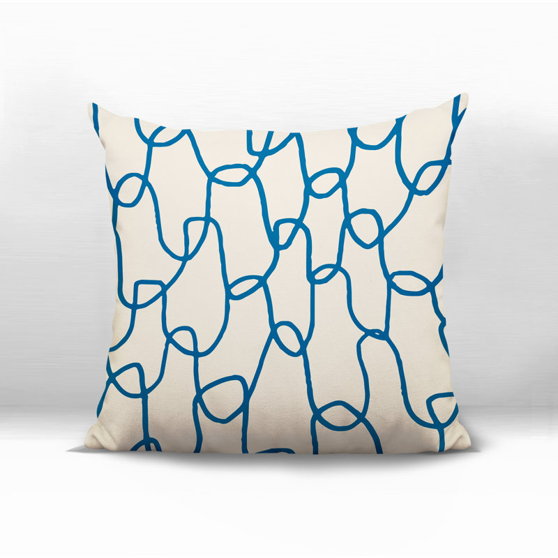 Oreiller carré réversible intérieur / extérieur Fina, Turquoise / noir / blanc cassé abstrait, H 17 po x l 17 po