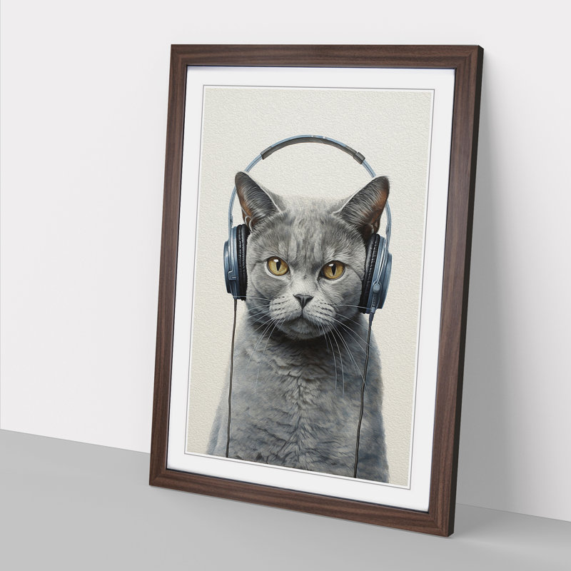 British Shorthair Cat With Headphones - Single Picture Frame Print on Wood, Walnut Framed, 46cm H x 34cm W x 2cm D
