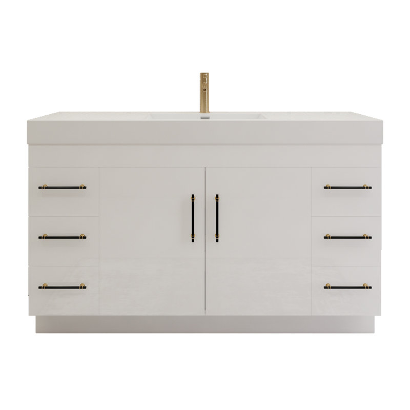 Ensemble de meuble-lavabo simple 59 "avec tiroirs et portes, Blanc lustré