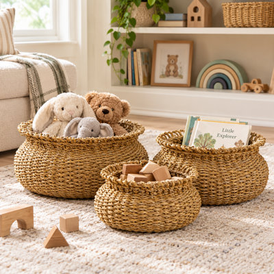 Handwoven Seagrass Loop-Rim Storage Baskets, Set of 3