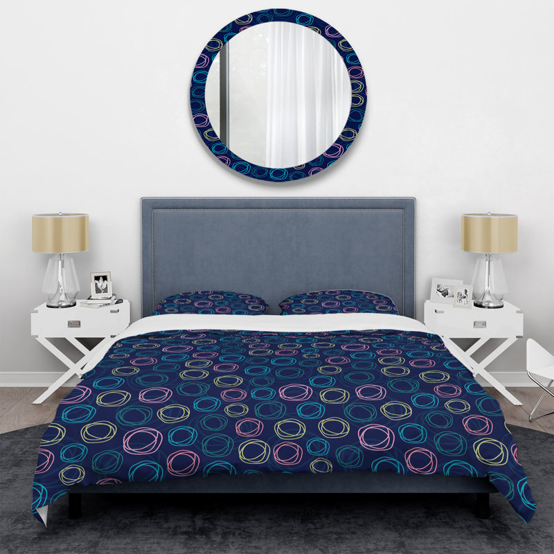 Motif de cercles bleus et roses - ensemble de housse de couette abstrait - microfibre de polyester