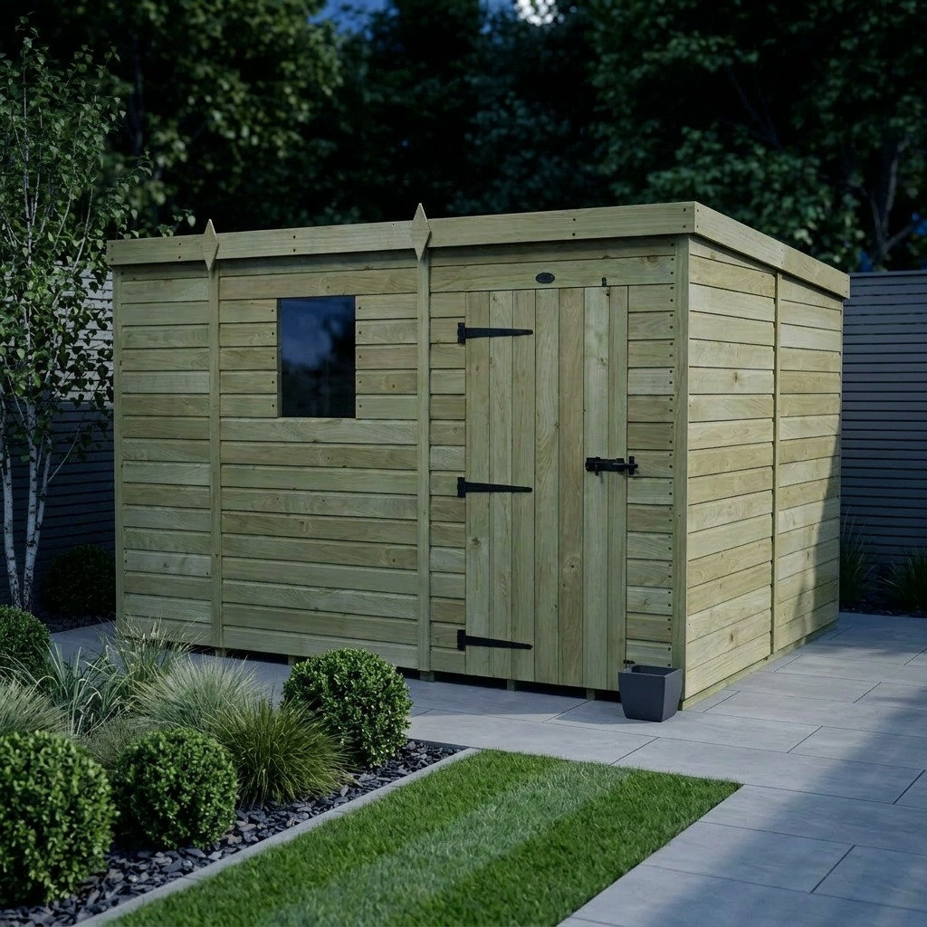 Total Sheds 9ft x 8ft Pent Garden Shed - Single Door - With Windows - Pressure Treated Timber - UK Manufactured