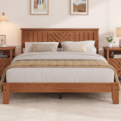Base de lit double en bois avec tête de lit en V, support de lattes en bois, sommier anti-bruit, aucun sommier requis, assemblage facile, rangement sous le lit, brun clair