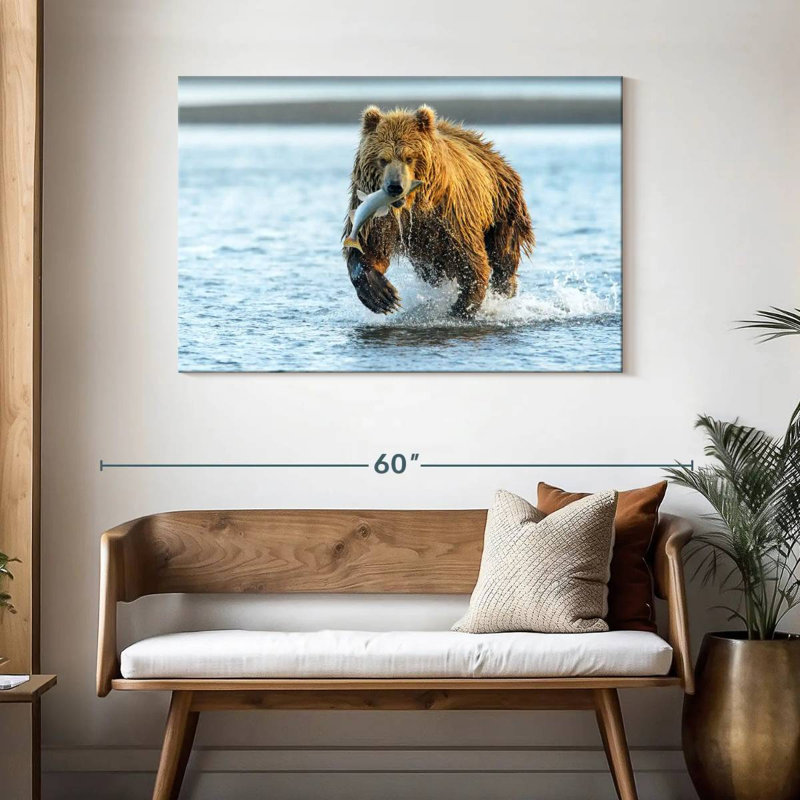 Grizzly avec saumon, H 30 po x l 45 po