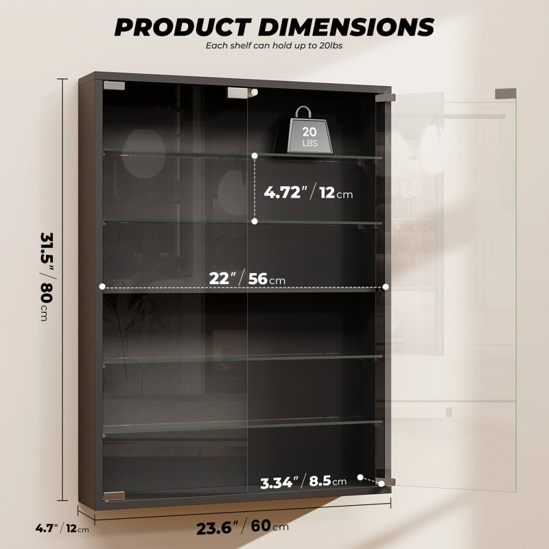 6-Tier Wall Display Case, LED Display Cabinet with Adjustable Glass Shelves, Black