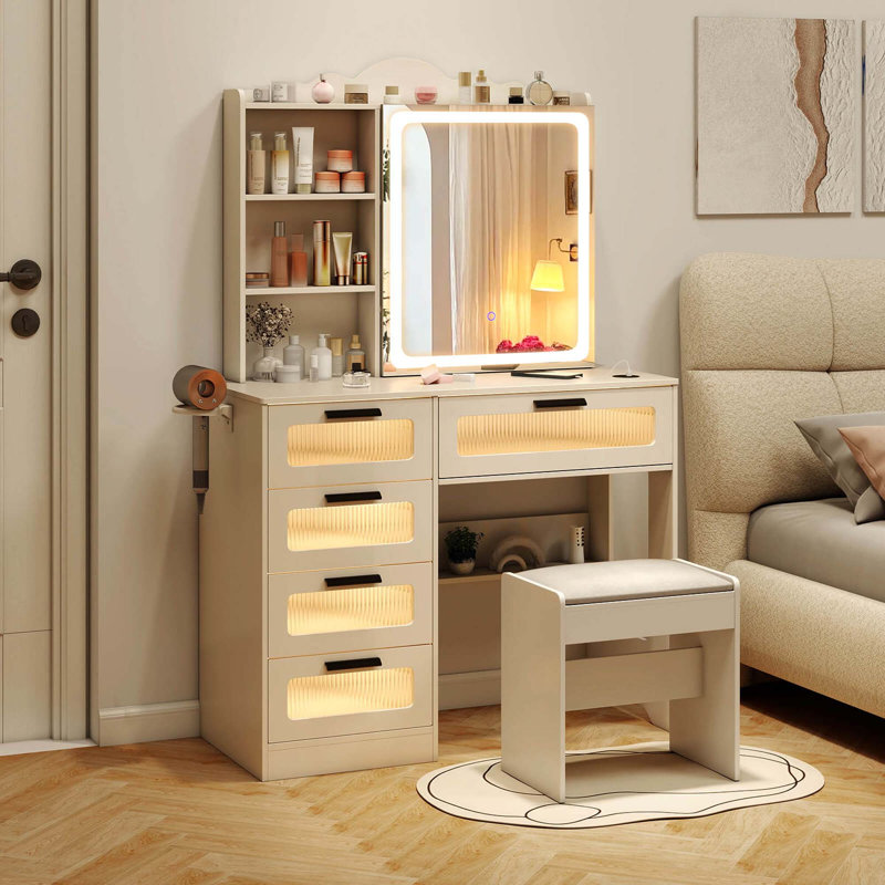  Bureau de coiffeuse moderne avec miroir coulissant et tabouret à 5 tiroirs avec rangement ouvert 