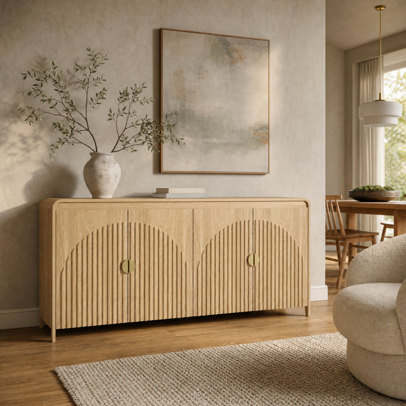 Buffet incurvé de 63 pouces avec texture 3D et étagères réglables pour salle à manger, cuisine et salon, Naturel
