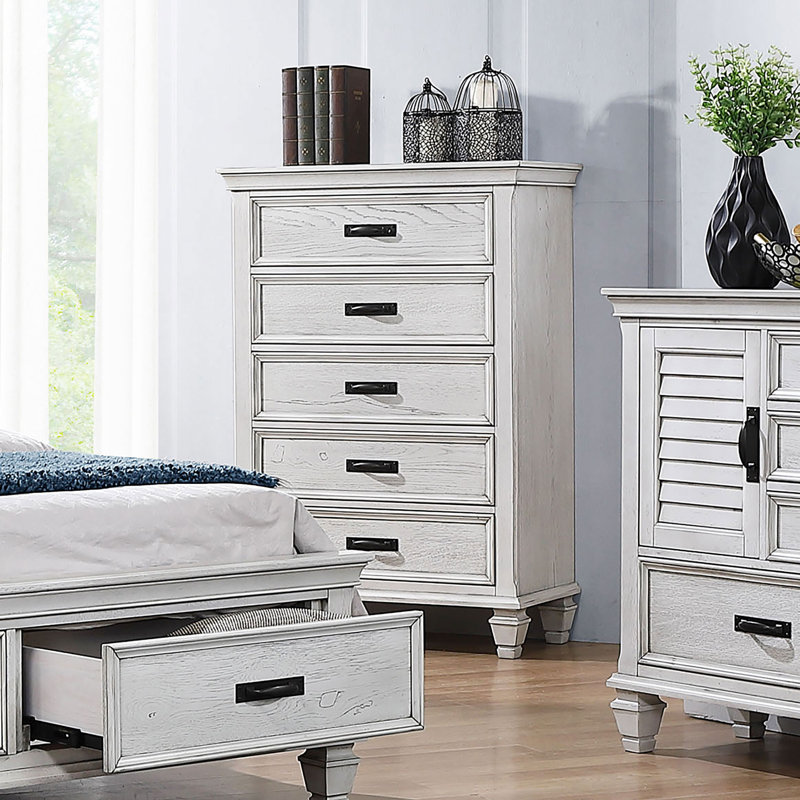 Ranbir 5-drawer Bedroom Chest Distressed White, White