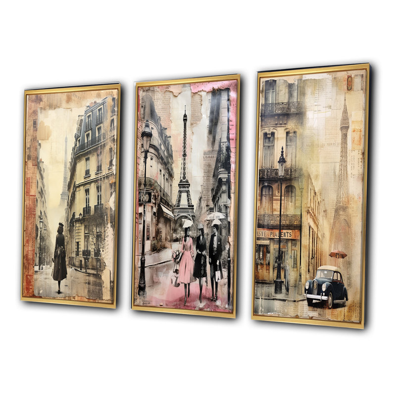 «Paris Chronicles Vintage Collage», 3 pièces sur toile, Cadre flottant doré, H 40 po x l 60 po