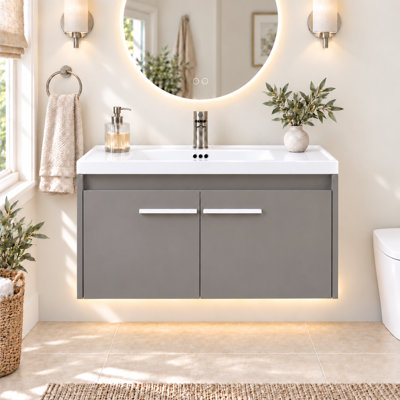 31" Black Floating Bathroom Vanity with Sink, Modern Clearance Bathroom Vanities LED Light
