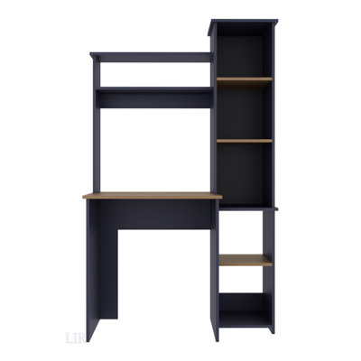 Bureau d'écriture Versalles, studio moderne ou bureau avec deux tablettes supérieures et cinq tablettes ouvertes latérales pour les livres, bleu marine
