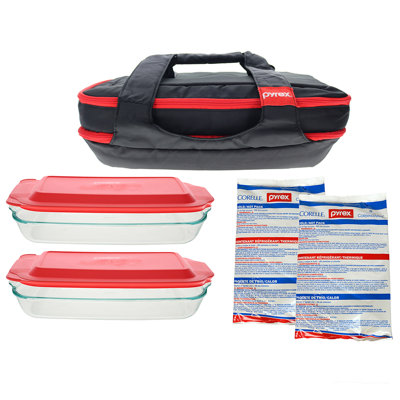 Ensemble 7 pièces Pyrex "Carry Out" avec plats en verre, couvercles et compresses chaudes / froides