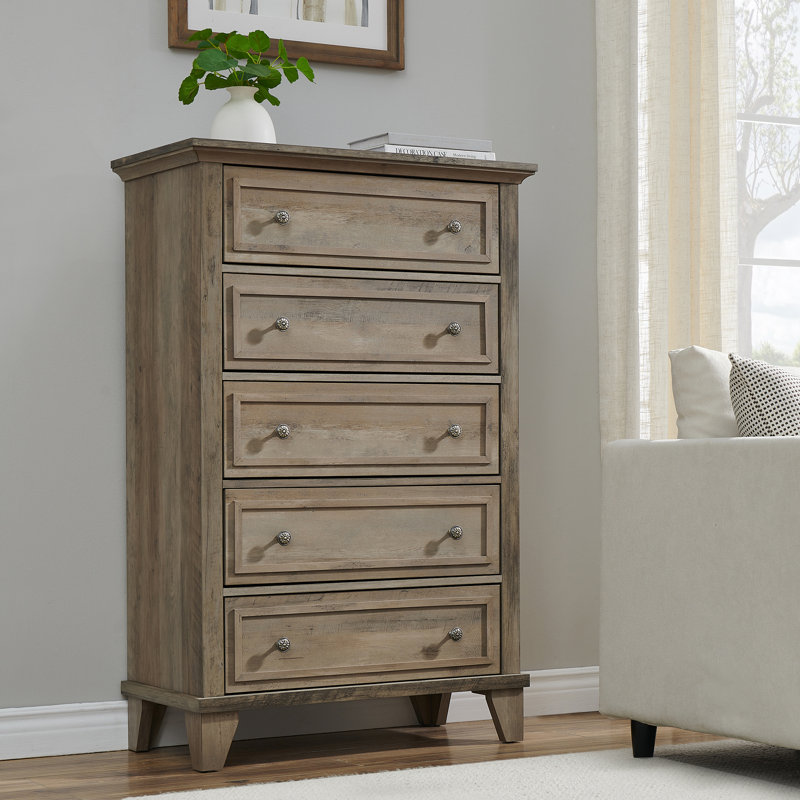 Commode 5 tiroirs en bois, Gris