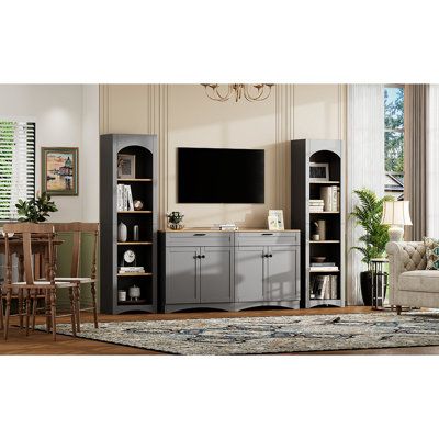 Meuble télé Mid-Century rustique avec finition grise et tablettes réglables, rangement pour téléviseurs de 70 po, meuble de buffet de salon, centre de divertissement avec tablettes