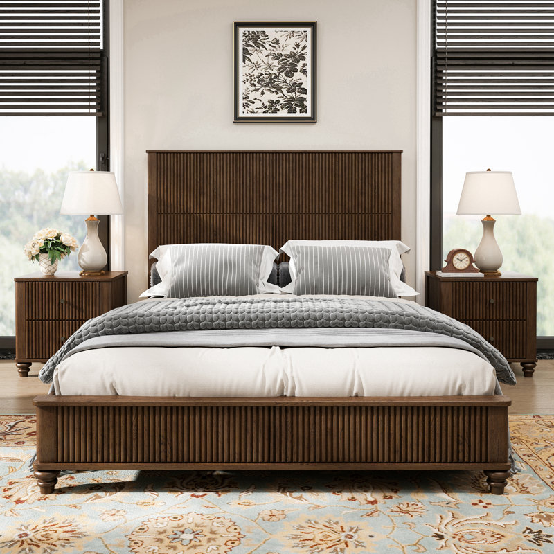 Bedroom set, including Bed and 2 Nightstands, Walnut Brown, 3 Pieces : Bed, 2 Nightstands, Queen