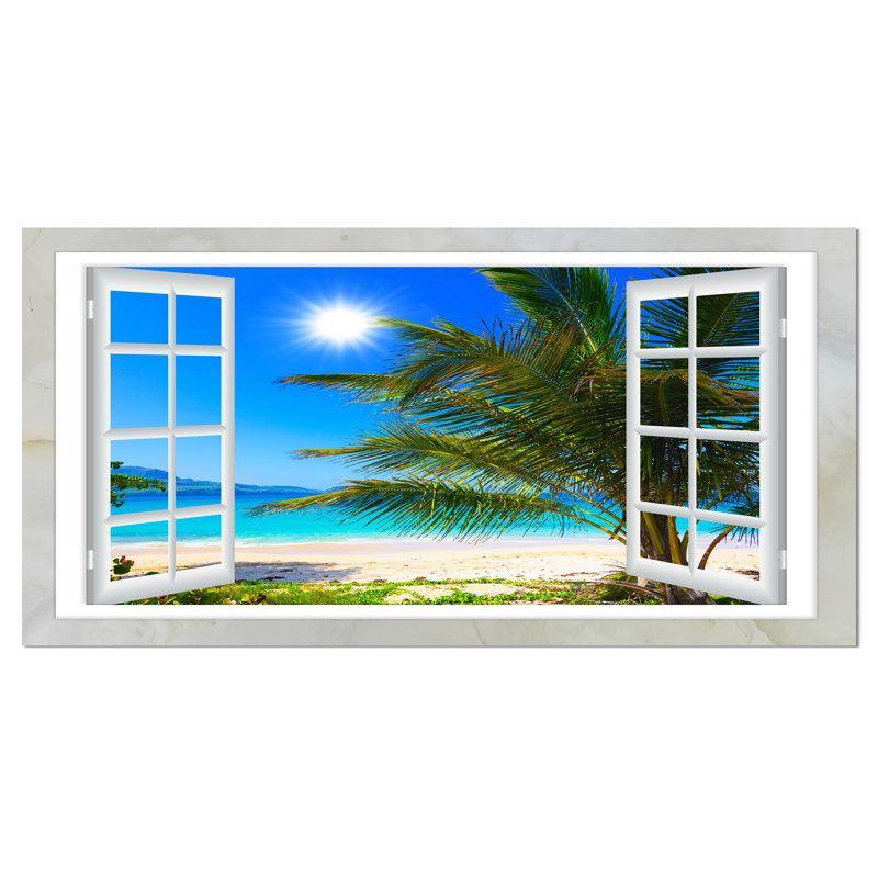 « Window Open to Beach with Palm » - impression d'art mural avec plage, impression sur toile avec plage et palmier