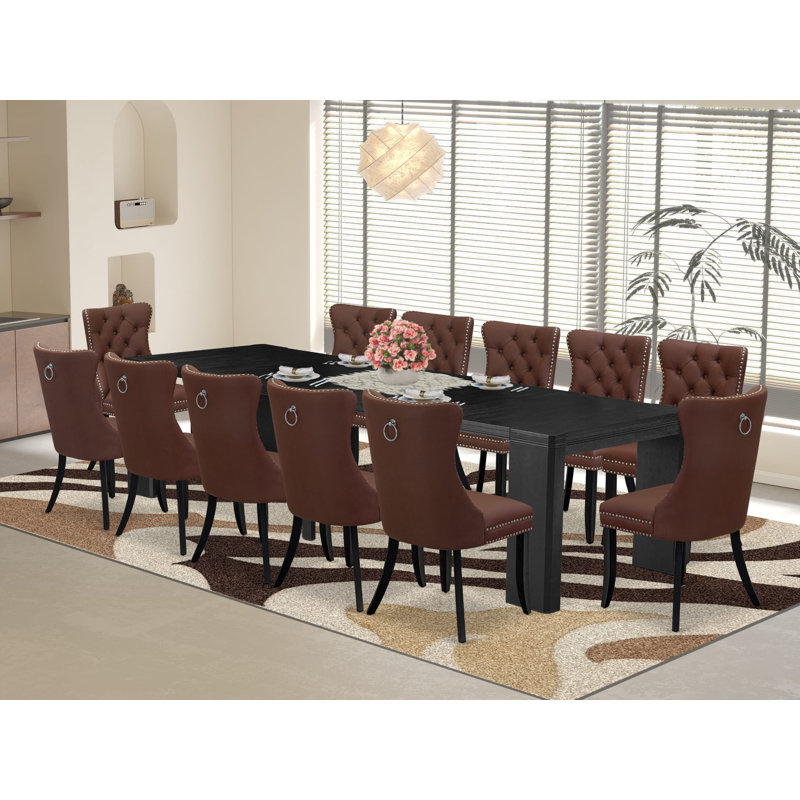 13-piece Dining Table Set a Rectangular Kitchen Table and 12 Burgundy Polyester fabric Dining Chairs, Wire Brushed Black Finish.