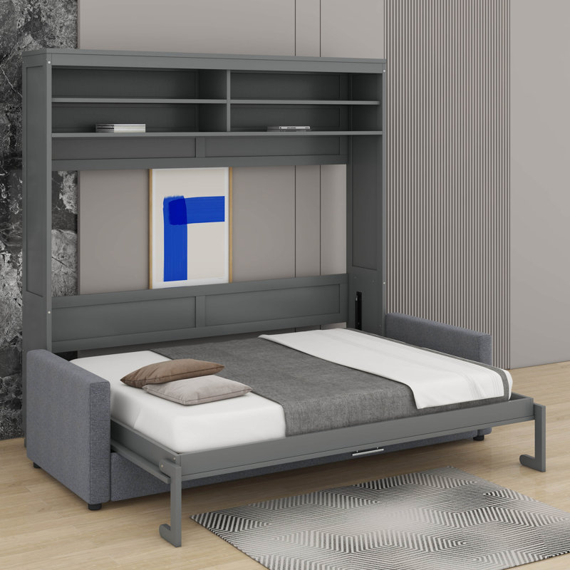 Grand lit escamotable avec canapé, gris
