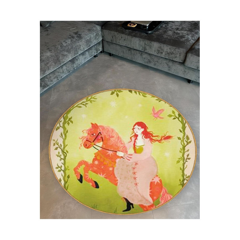 Green Themed Horse Princess Patterned Round Woven Base Vintage Decorative Rug, Round 3'3" Rug Pad Included