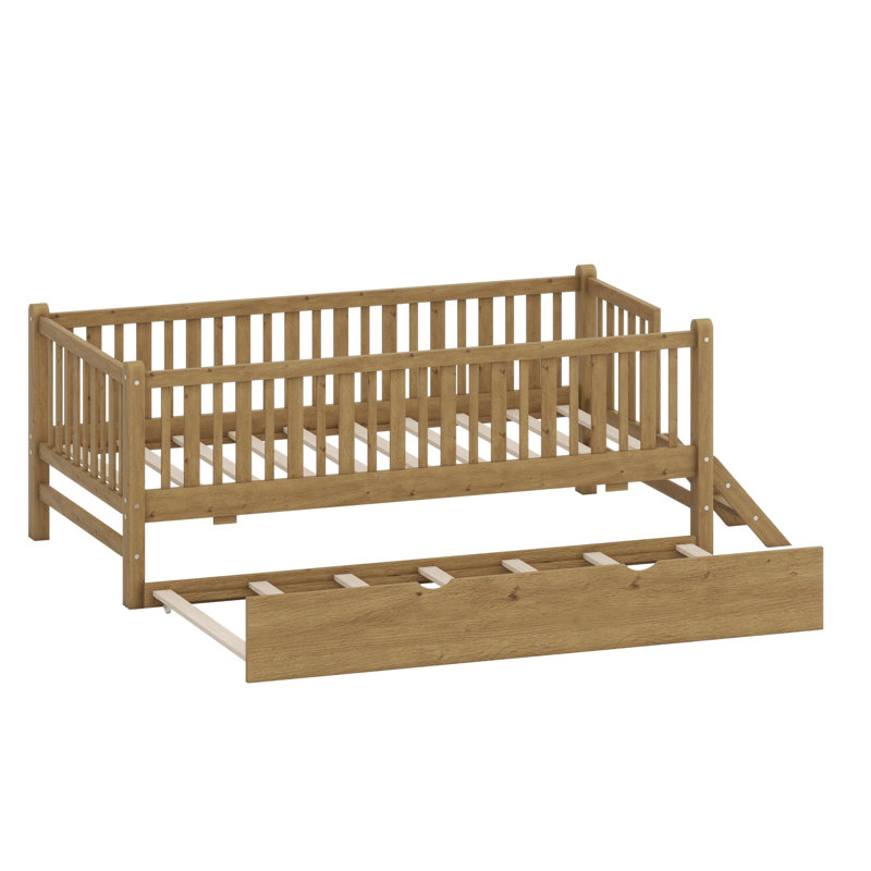 Structure de lit en bois avec barrière de sécurité et lit gigogne, Noyer